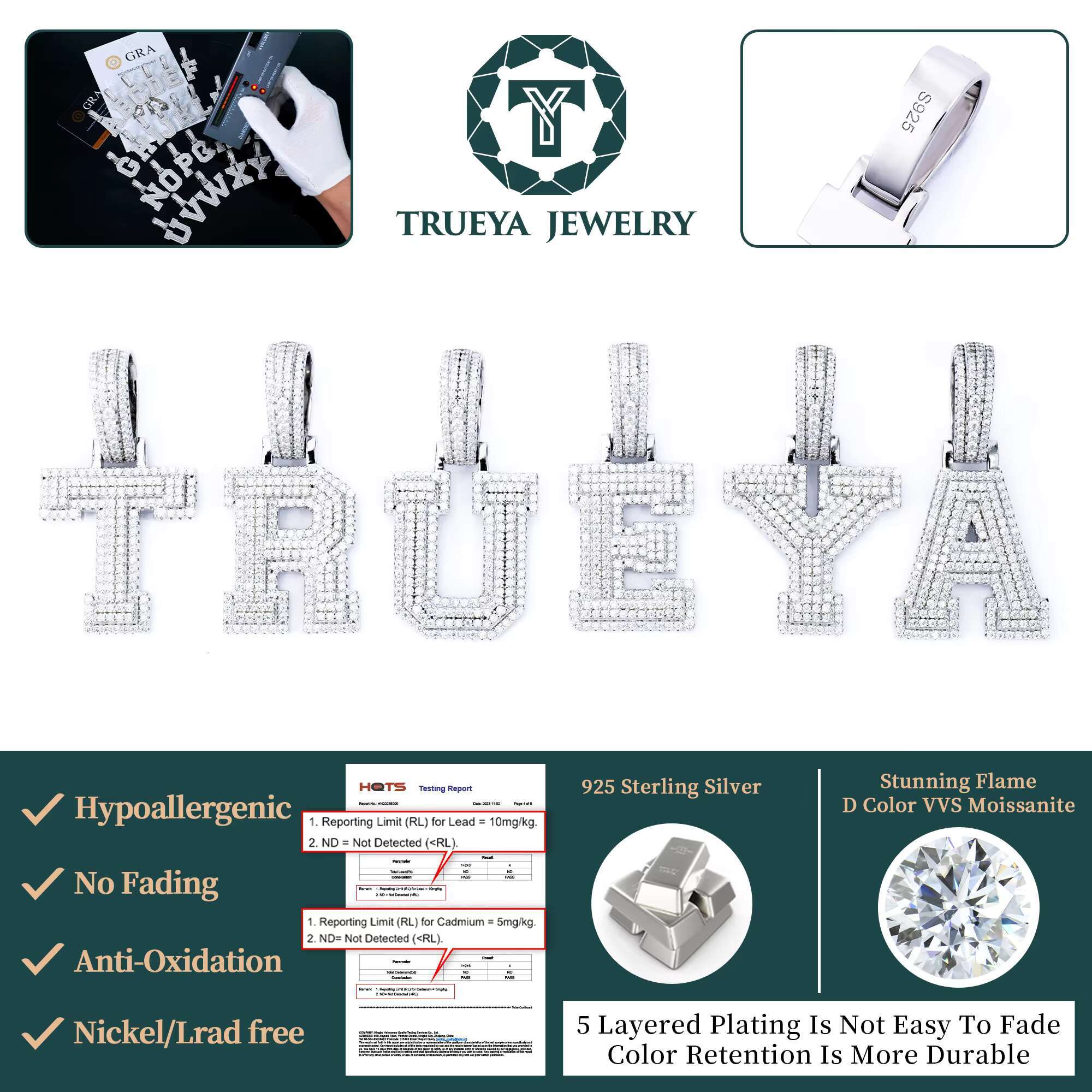 Wholesale Bulk Solid 925 Silver Iced Out Moissanite Silver 925 Hip Hop Chain Necklace Name A-z Initial Letter Pendant in Stock