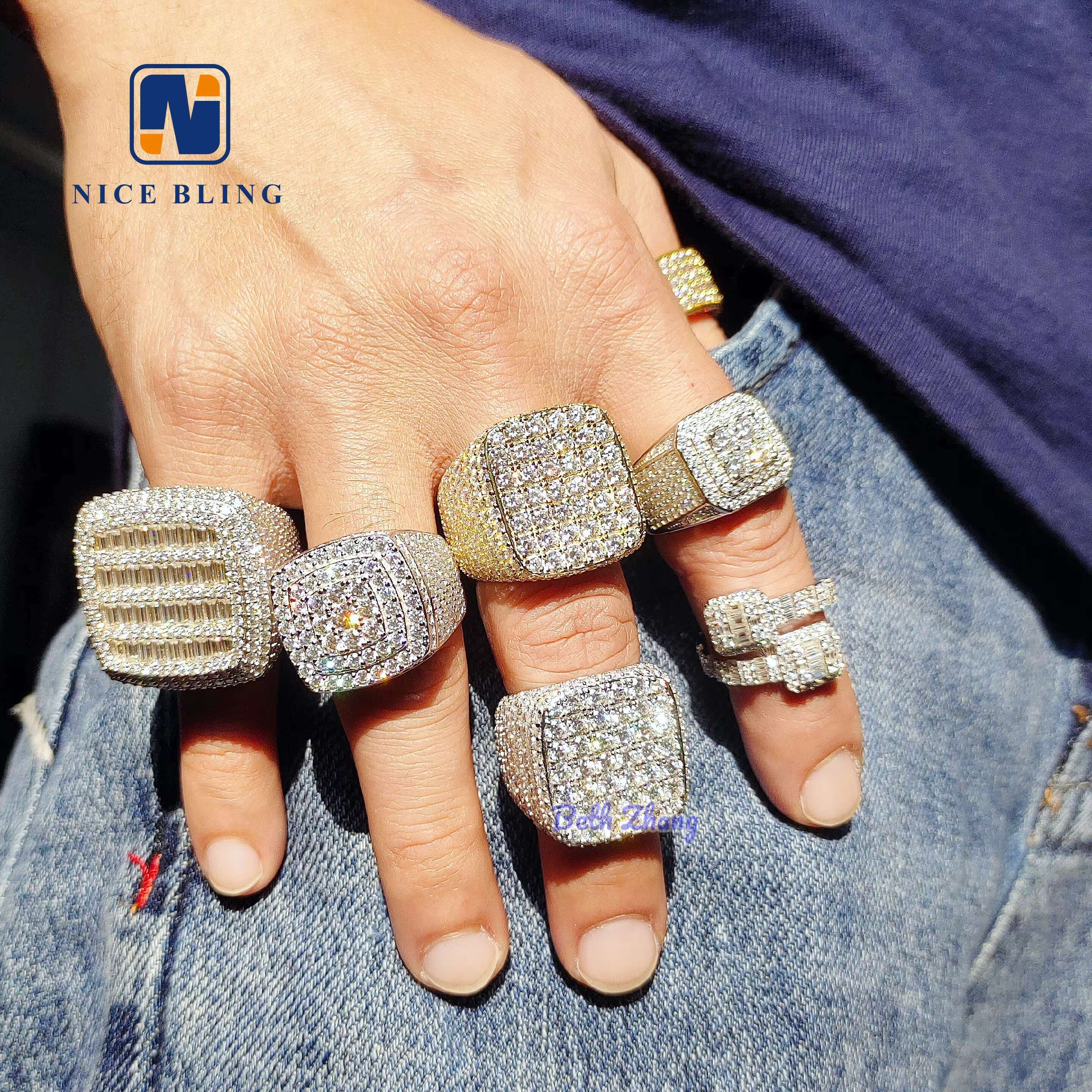 New Arrival Hip Hop Rings Vvs Moissanite Men Iced Out Rings 925 Silver square Shape baguette Diamond Engagement Fashion Rings