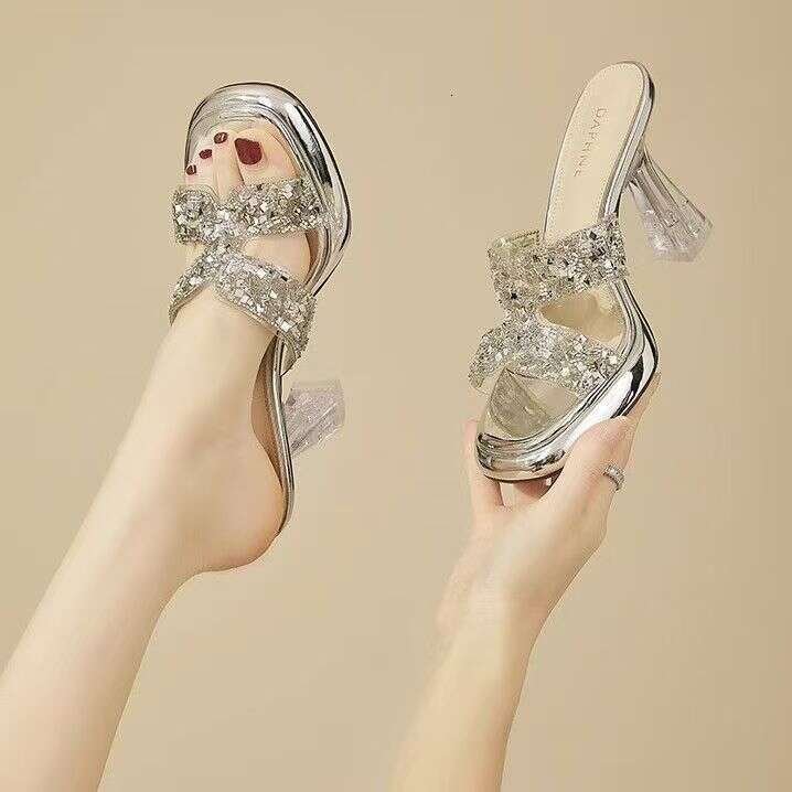 2025 Fashionable Elegant Stiletto High Heels for Women Summer Outdoor Silver Shiny Sandals Height Increasing Shoes