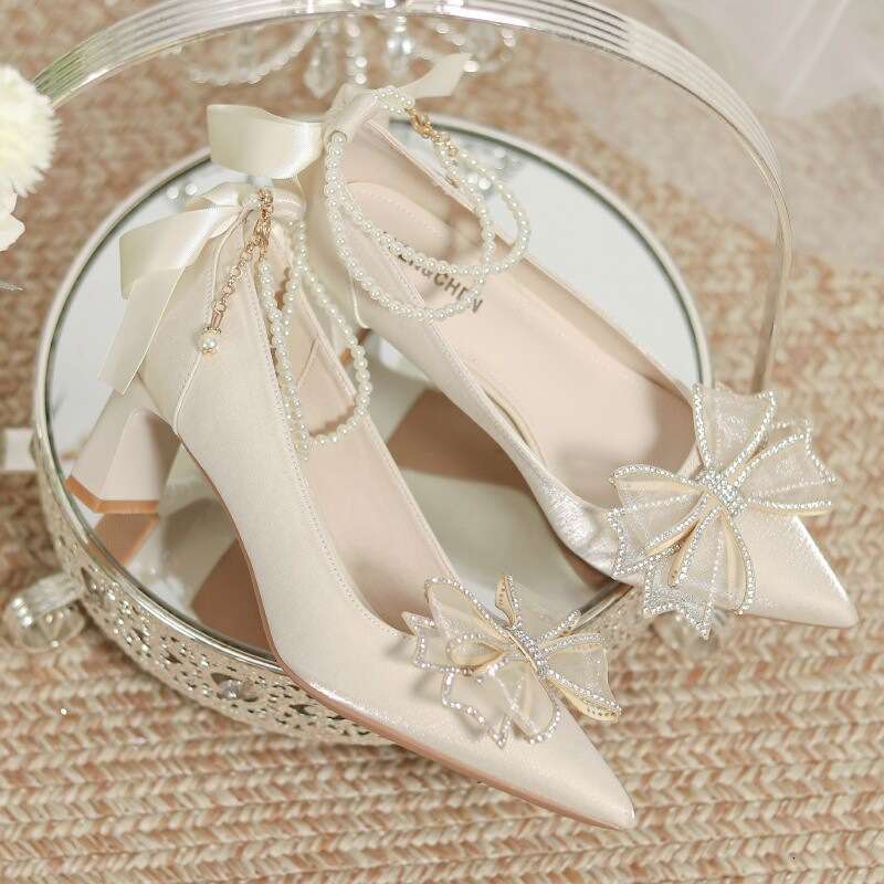 High Heels 2025 Summer New Style High-end Pointed Toe Bowknot Wedding Rhinestone Beaded Shallow Mouth Single Shoes for Women