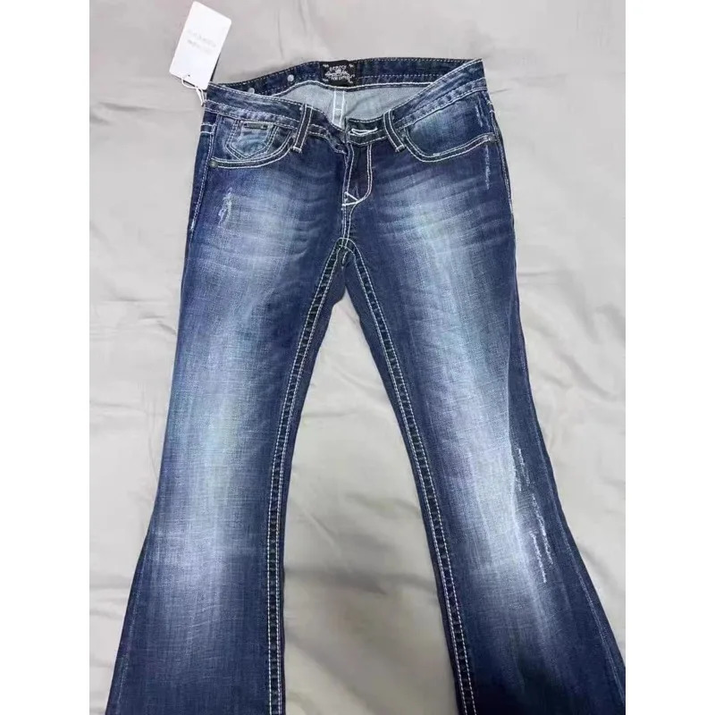 Blue Low Rise Flare Jeans Vintage 2000s Slim-fitting Denim Pants Korean Style Women Trousers y 2 k Distressed Mom 90s 250527