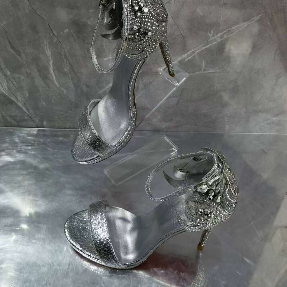 French Style Rhinestone High Heels Women Thin Heel Silver Sexy Open Toe Buckle Crystal Sandals Summer
