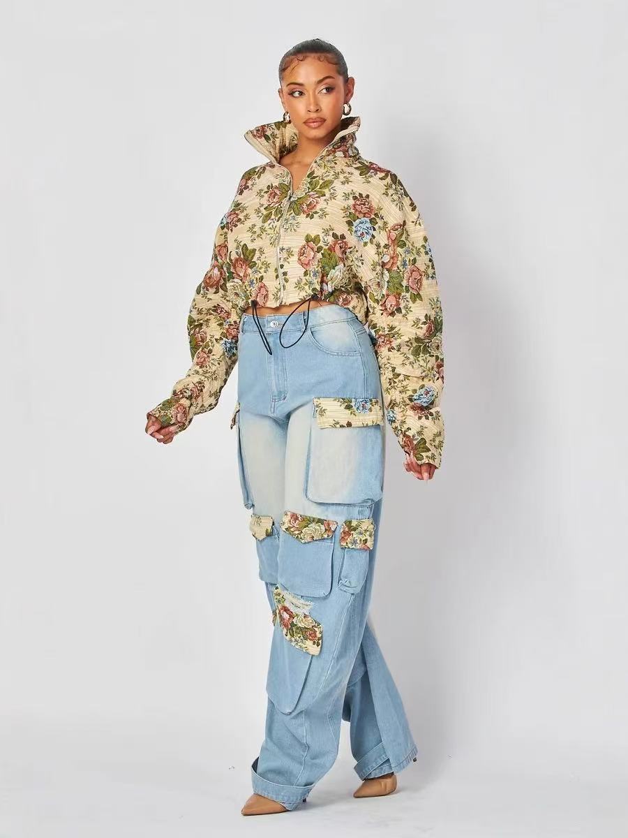 Denim Outfit Women Floral Patchwork Jean Zipper Drawstring Cropped Jacket Pockets Cargo Jeans 2 Piece Set Streetwear Tracksuits