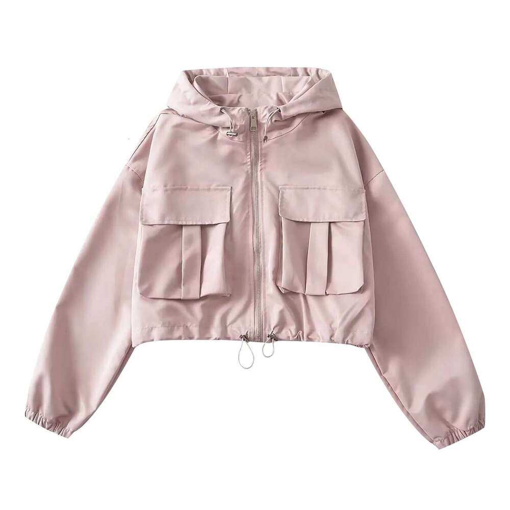 Techwear White Hooded Cargo Cropped Windbreaker Jackets Buttons Up Coat Women Outdoor Pink Black Top Korean