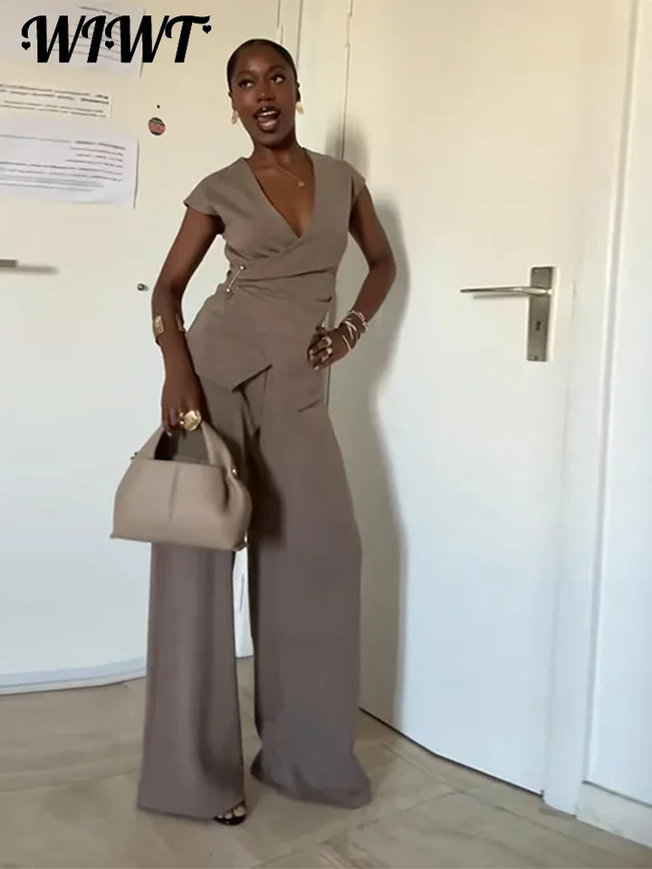 Casual Deep V Neck Top Trousers Women Slim Sleeveless Button Pleated Tops Wide Leg Long Pants 2025 Summer Office Lady Outfit 250530