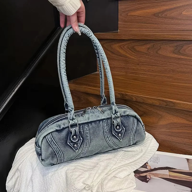 Denim Shoulder Bag Summer Fashion Korean Version Advanced Motorcycle Commuting Versatile Underarm Cylinder Bowling Bag 250530