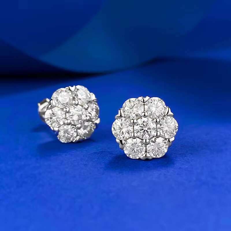 New S925 Silver Inlaid Moissanite Full Set Flower Earrings European and American Hip-hop Hot Selling Wedding Jewelry