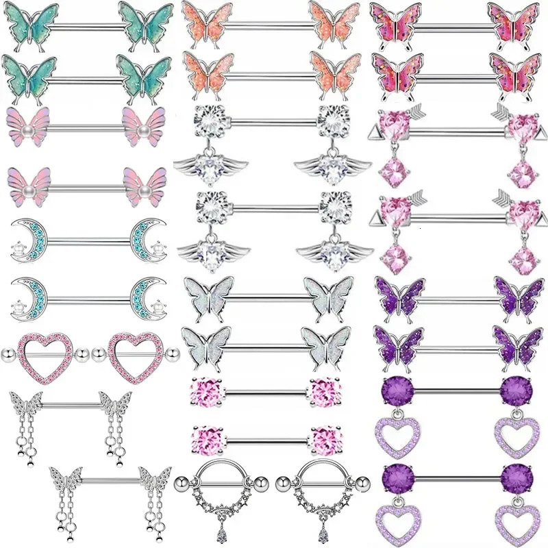 1Pair Green Butterfly Nipple Piercing Jewelry 14G Pink Heart Nipple Rings for Women Flower Nipple Piercing Barbell Pezon Mujer 250526
