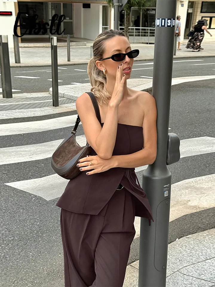 Slim Lace-up Split Tube Top Pants Set Womens Sexy Strapless Backless Vest Loose Wide Leg Trousers 2025 Summer Lady Outfits 250530