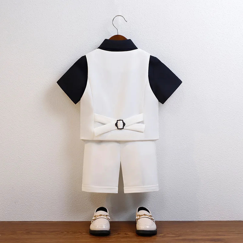 Children Summer Cool Green Pography Suit Kids Vest Shirt Shorts Bowtie Ceremony Costume Boys Breathable Slim Wedding Dress 250527a