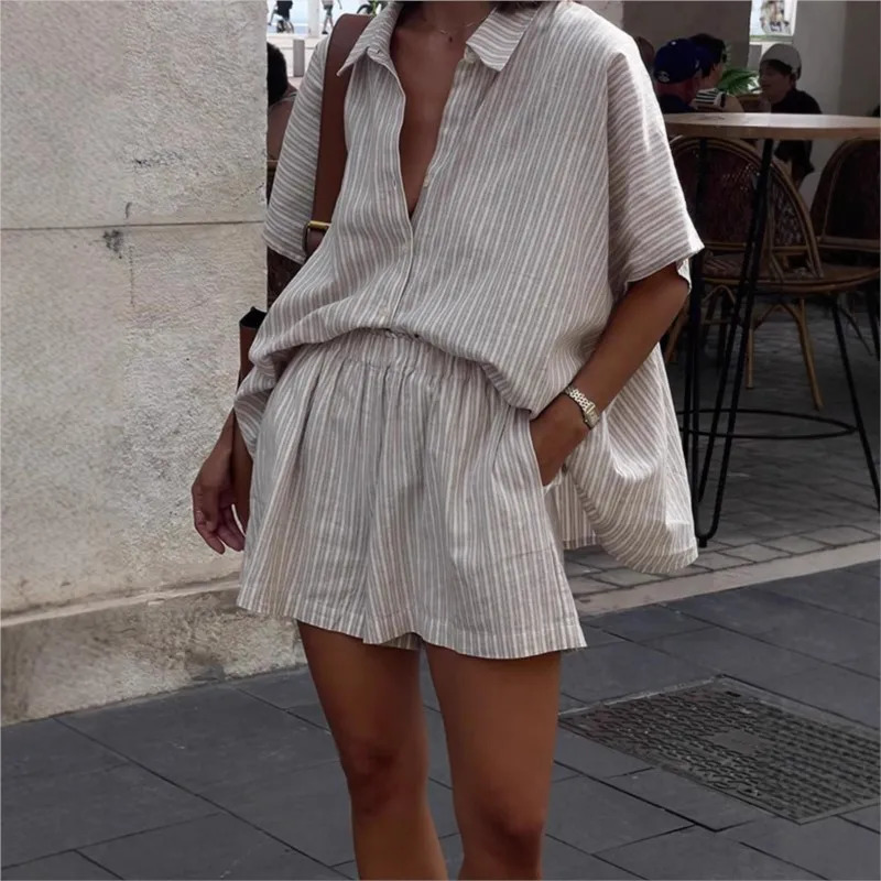 Casual Stripe Shirt Sets Women Summer Short Sleeve Shirt Top Shorts 2 Piece Set Womems Suit Loose Fashion Street Lady Outfit 250527