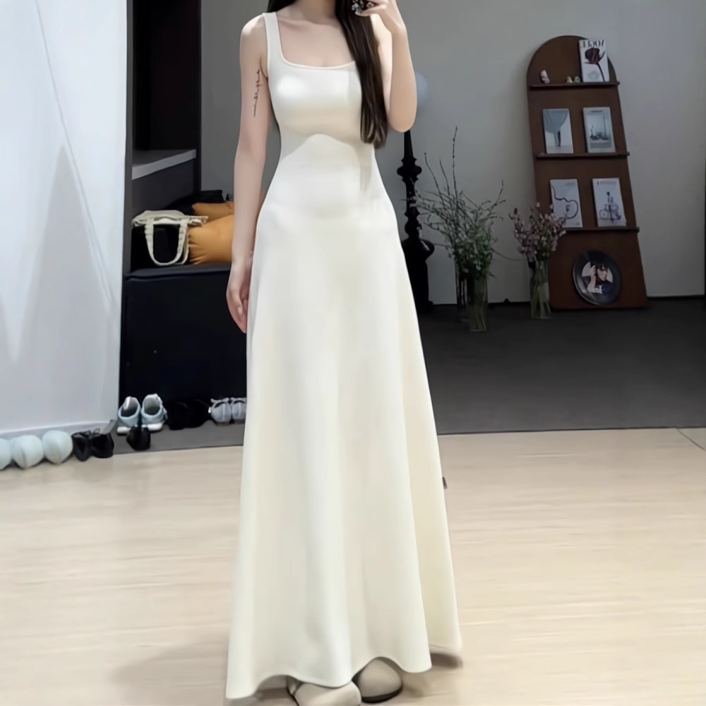 DR301 solid color waist backless long suspender dress for women in summer