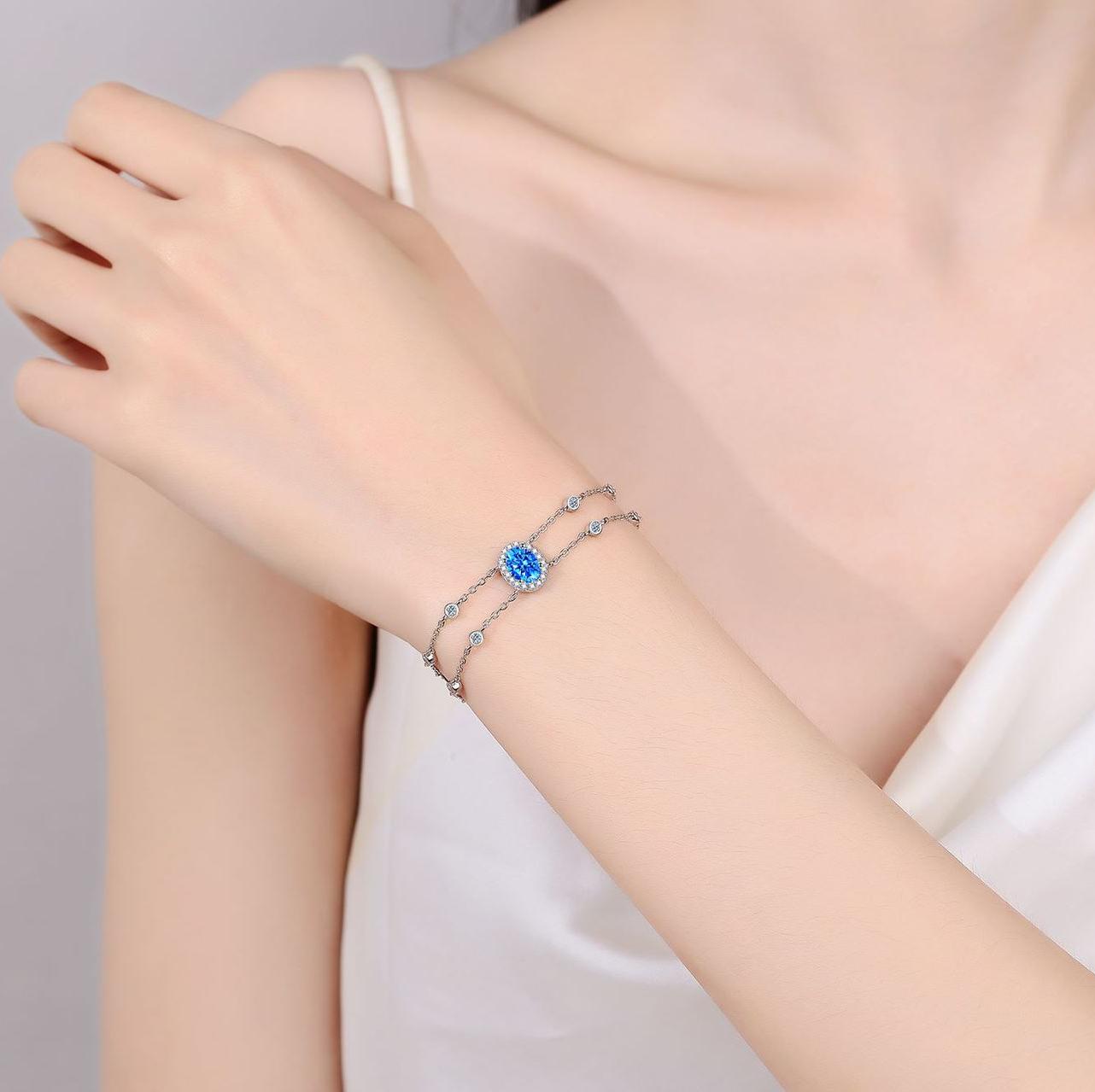 925 Sterling Silver Double Chain Moissanite Bracelet with Blue Oval-Cut Stone, Platinum Plated, Hypoallergenic, Adjustable Fit, Elegant Minimalist Jew
