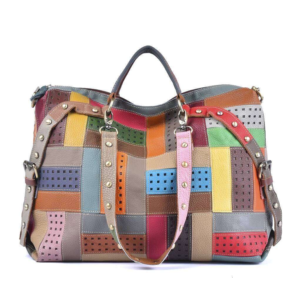 Designer Luxury Colorful Stripe Pattern Clash Large Capacity Single Shoulder Crossbody Genuine Leather Cowhide Ladies Tote Bag