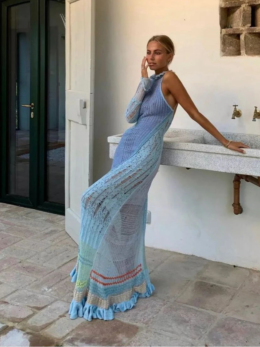 Combhasaki Women Y2K Vintage Contrast Color Hollow-Out See-Through One Shoulder Long Sleeve Bikini Cover-Ups Long Knitted Dress 250527