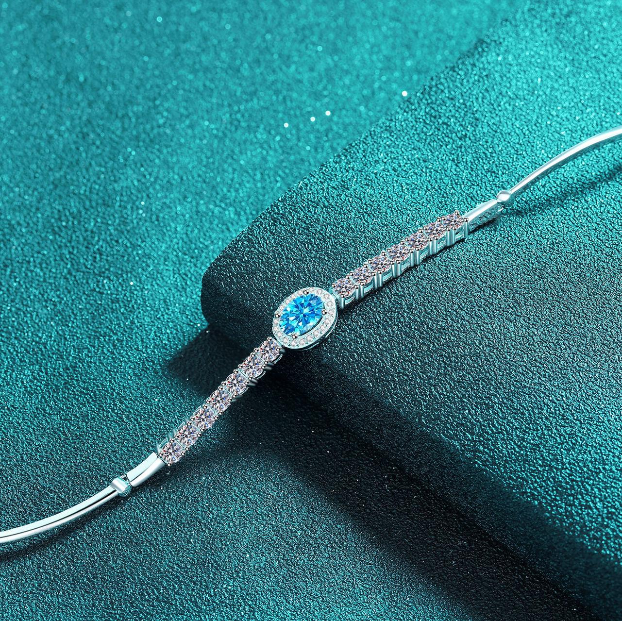 Handcrafted 925 Sterling Silver Blue Oval Moissanite Bracelet for Women, Platinum Plated, Adjustable Cuff Design, Elegant & Minimalist Gift