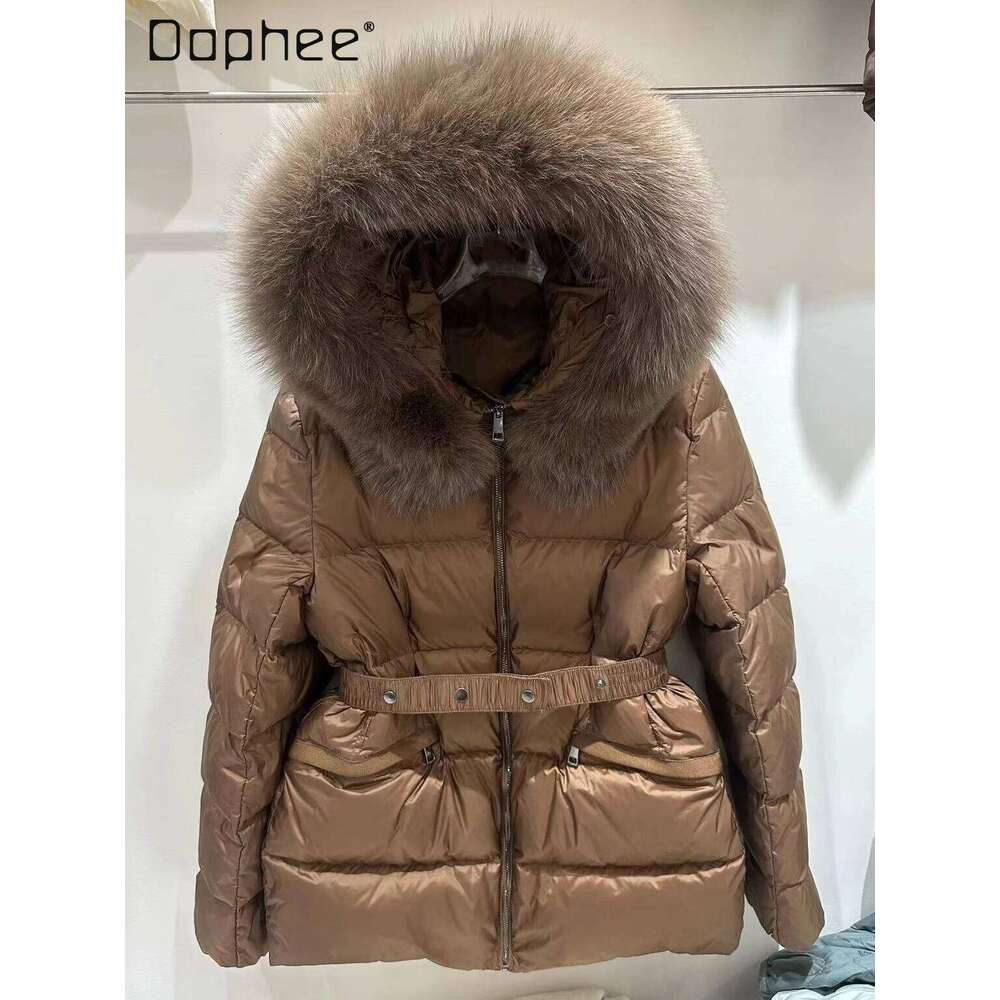 Big Fur Collar Hooded Down Jacket Women's Short Winter New European Fashion Temperament Solid Color Belt Slim Fit Thickened Coat High quality, fa