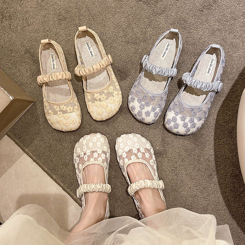 Beige Floral Ballet Flat Semi-Transparent Women's Shoes 2024 New Spring Autumn Slip-On Soft Sole Loafers