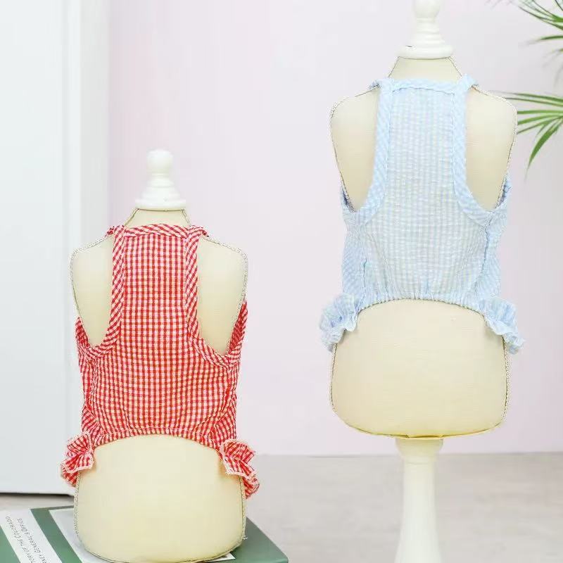 T00357 Dog clothes cute plaid bow suspender skirt pet spring and summer thin style dog cat Teddy Bichon Frise