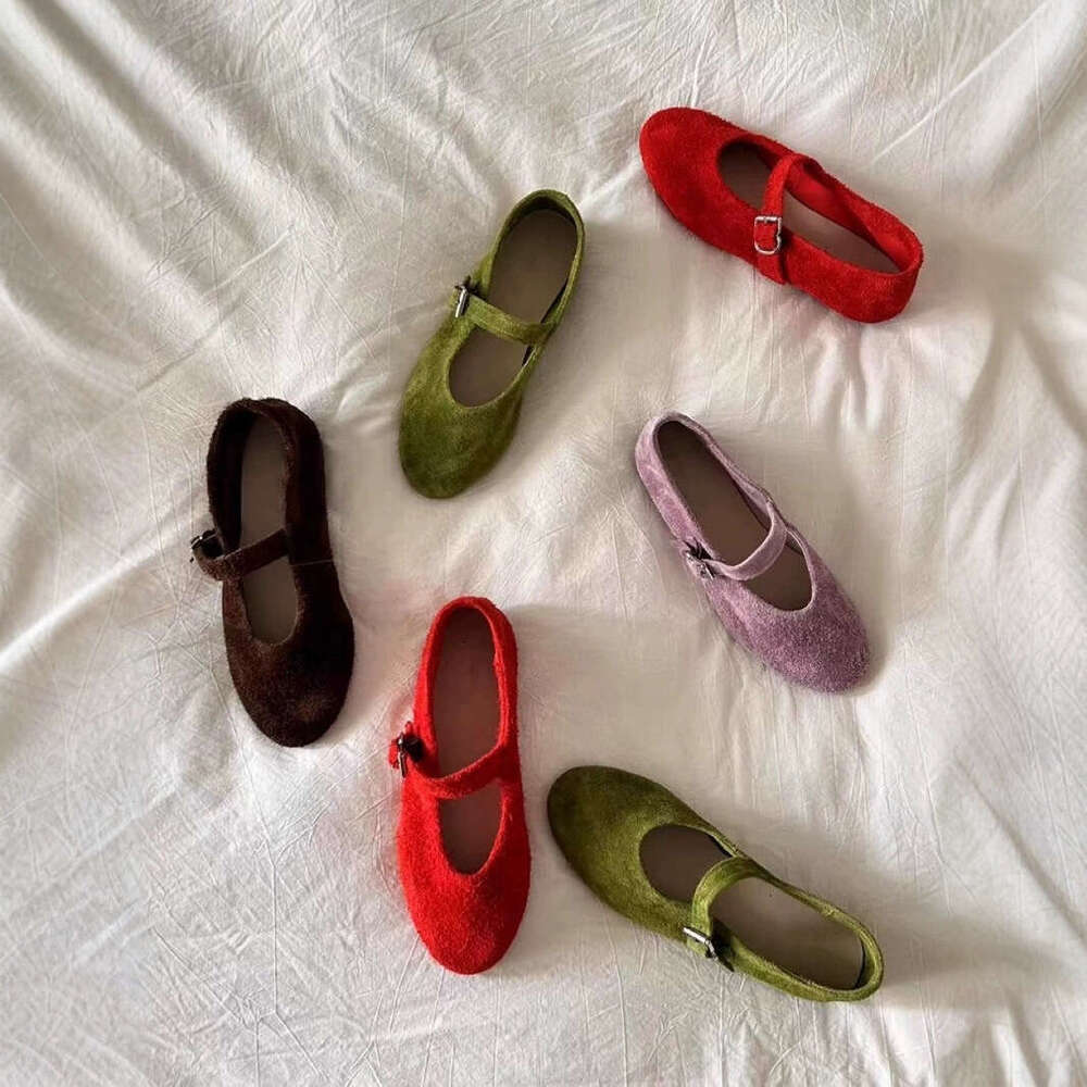 ~Cowhide Velvet Mary Jane Ballet for Women, Flat Shallow Mouth Single Shoes, Red Bowknot Furry Shoes