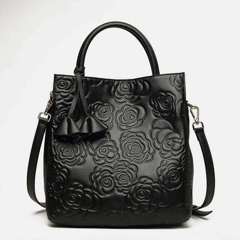 2025 New Genuine Leather Camellia Printed Handbag Fashion Big One-Shoulder Crossbody Women's Bag