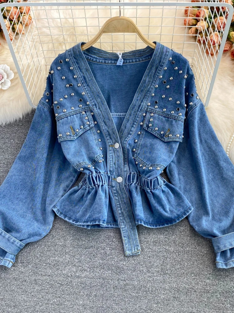 Denim Coat Women Y2k Tops Coats Jeans V Neck Short Top Casual High Waist Single Breasted Elegant Blouse Splice Autumn Spring 250527
