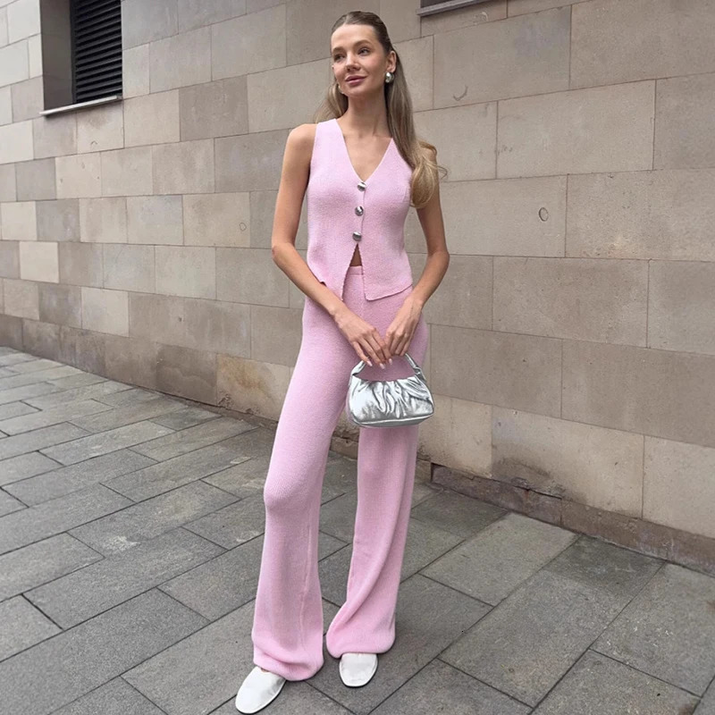 Tuularose V Neck Knitting Pants Set For Women Metal Buttons Sleeveless Top Straight Wide-Leg Pants Set Lady Beach Slim Pants Set 250527