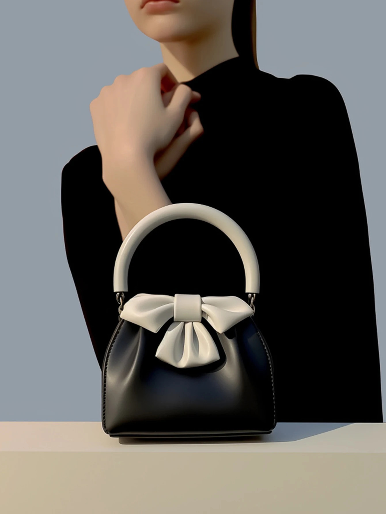 Fashionable and versatile color blocking small square bag with bow and pleated black handbag 250530