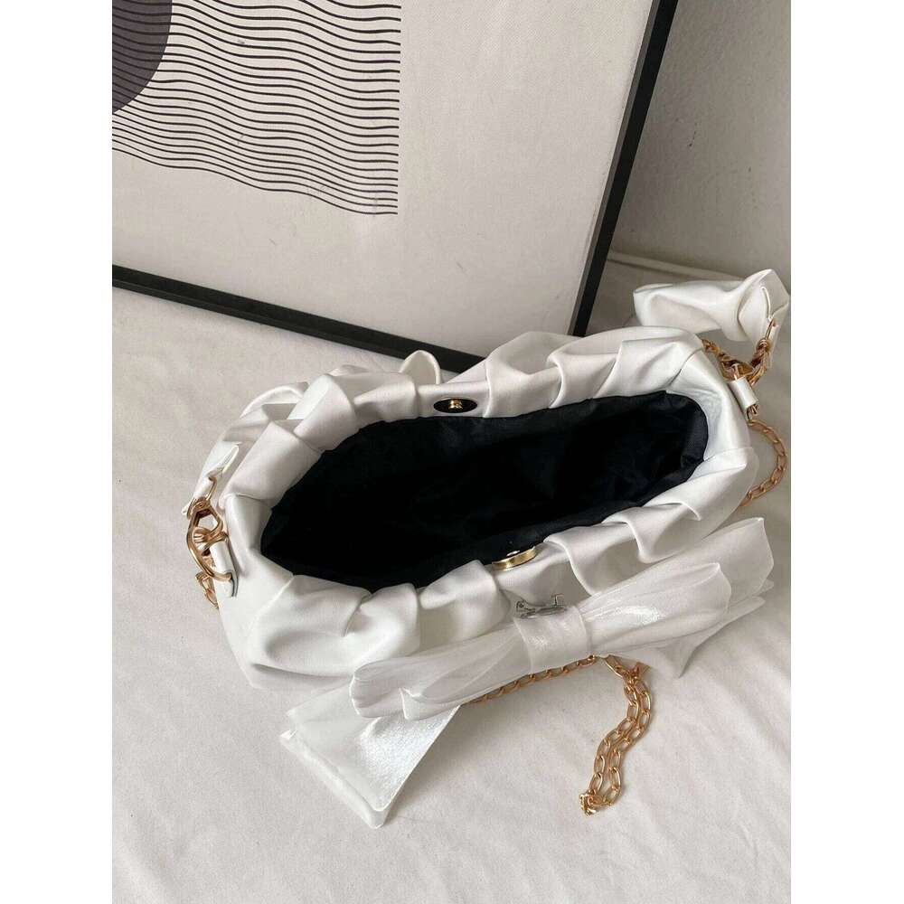 Cute Kawaii Moire Ruched Lightweight Business Casual Bow Decor Handbag For Girls Women Fashionable Shoulder Bag