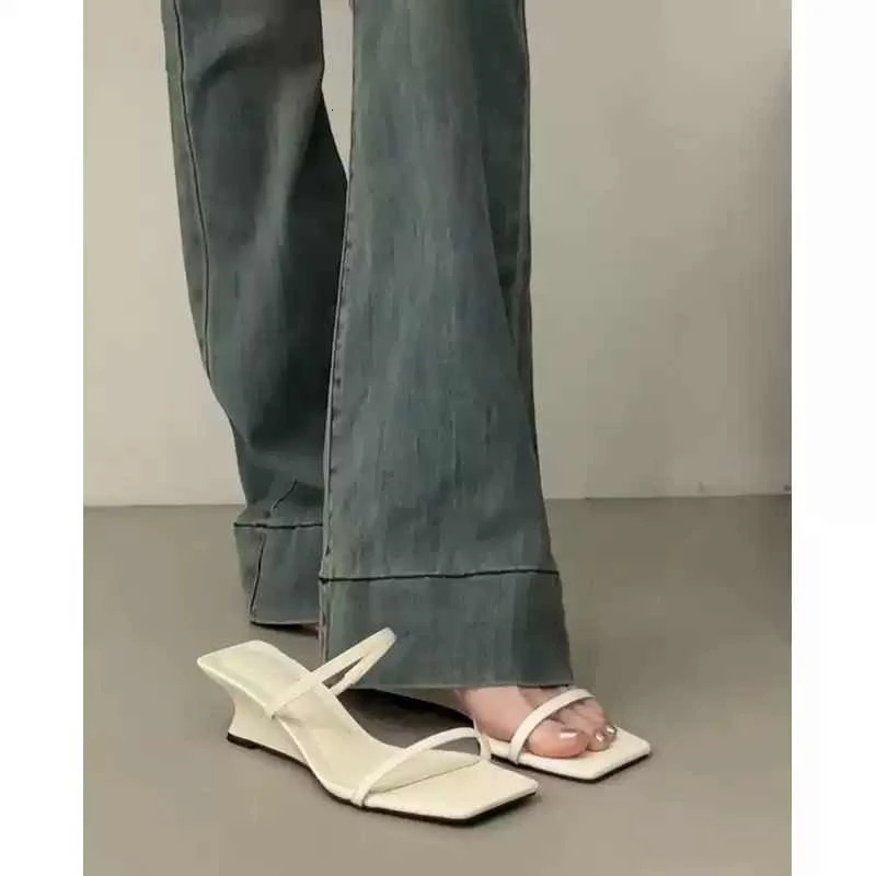 Summer Wedges Heel Women Slippers Fashion Square Toe Narrow Band Shoes Casual Party Dress Slides 250528