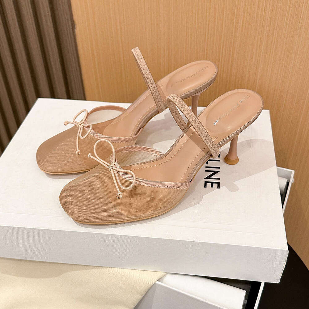 396-1 Sexy Mesh One-Strap High Heel New Fashion Shallow Transparent Bowknot Backless Shoes for Women