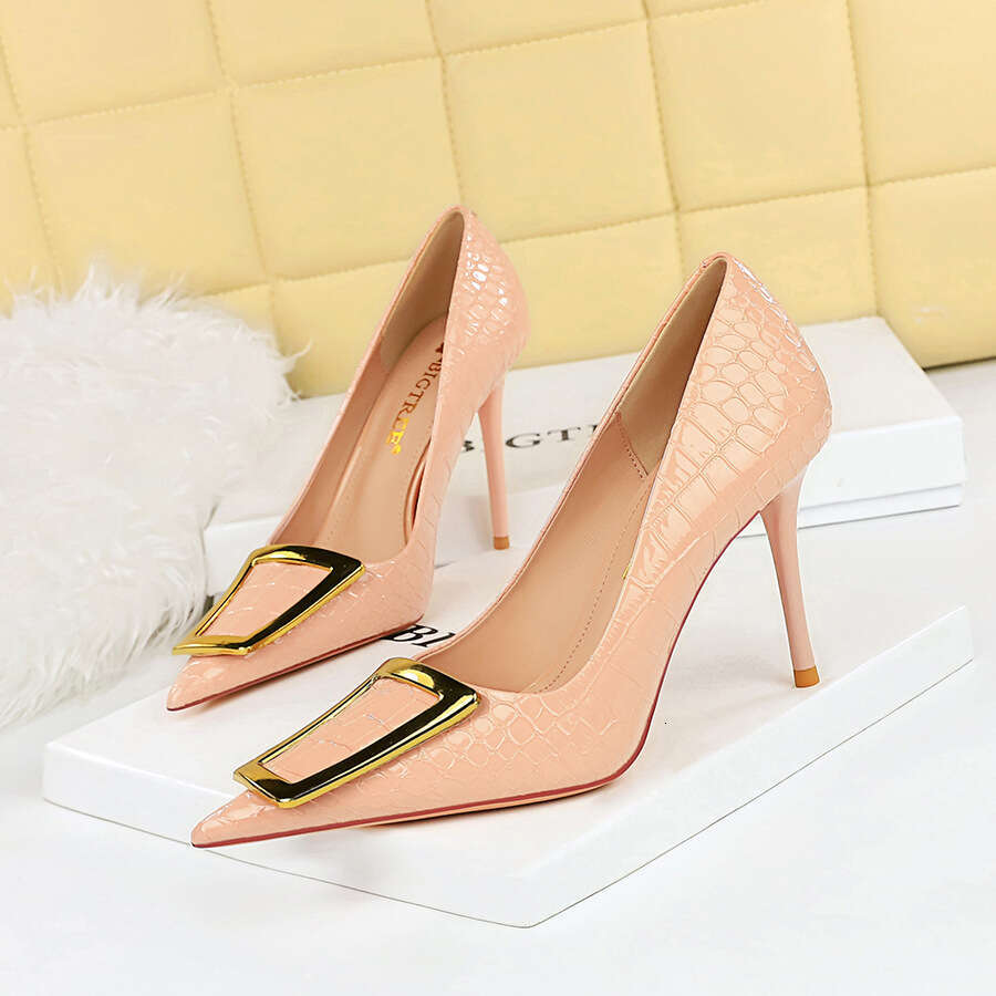 3391-26 Korean Style Fashion Elegant Slimming Stiletto High Heels Shallow Mouth Pointed Toe Metal Buckle Single Shoes for Women