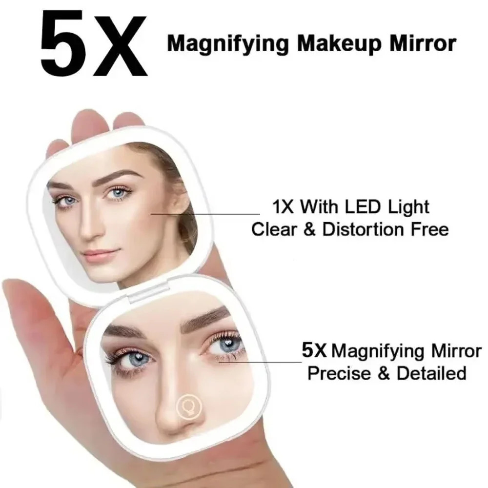 2 Face Sides Touch Compact Led 3 Colors Mini Foldable Cosmetic Charge Makeup Mirror With Light 5X Magnifying Compact Handheld 250530