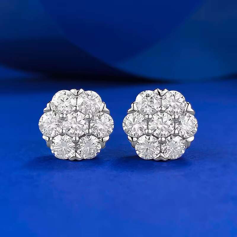 New S925 Silver Inlaid Moissanite Full Set Flower Earrings Hot Selling European and American Hip-hop Item