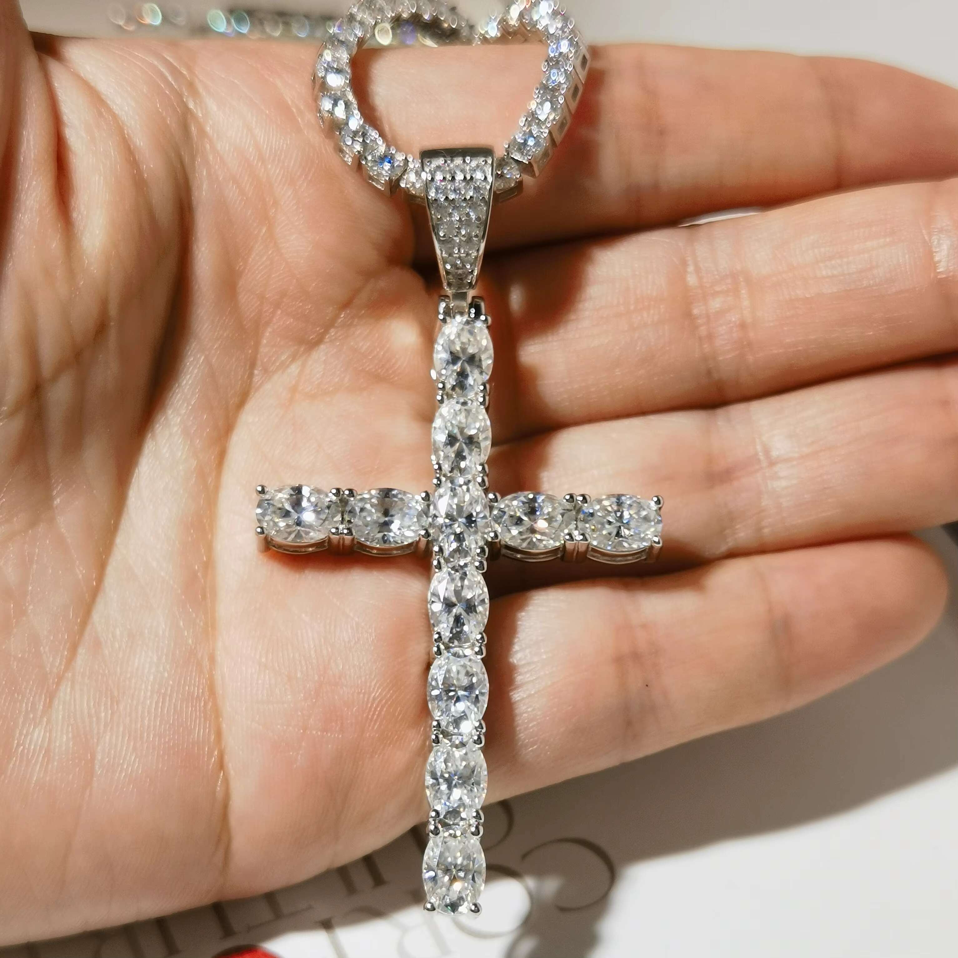 Oval Cut 7mm*5mm D Color VVS Moissanite Cross Pendant 925 Sterling Silver Rhodium Plated Necklace Unisex for Women Men