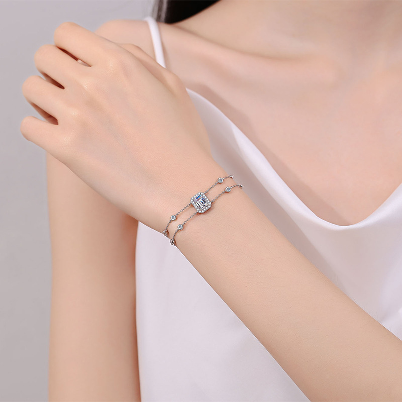 925 Sterling Silver Emerald Cut Moissanite Bracelet for Women with Double Chains, Blue or Clear Center Stone, Adjustable Minimalist Luxury Jewelry