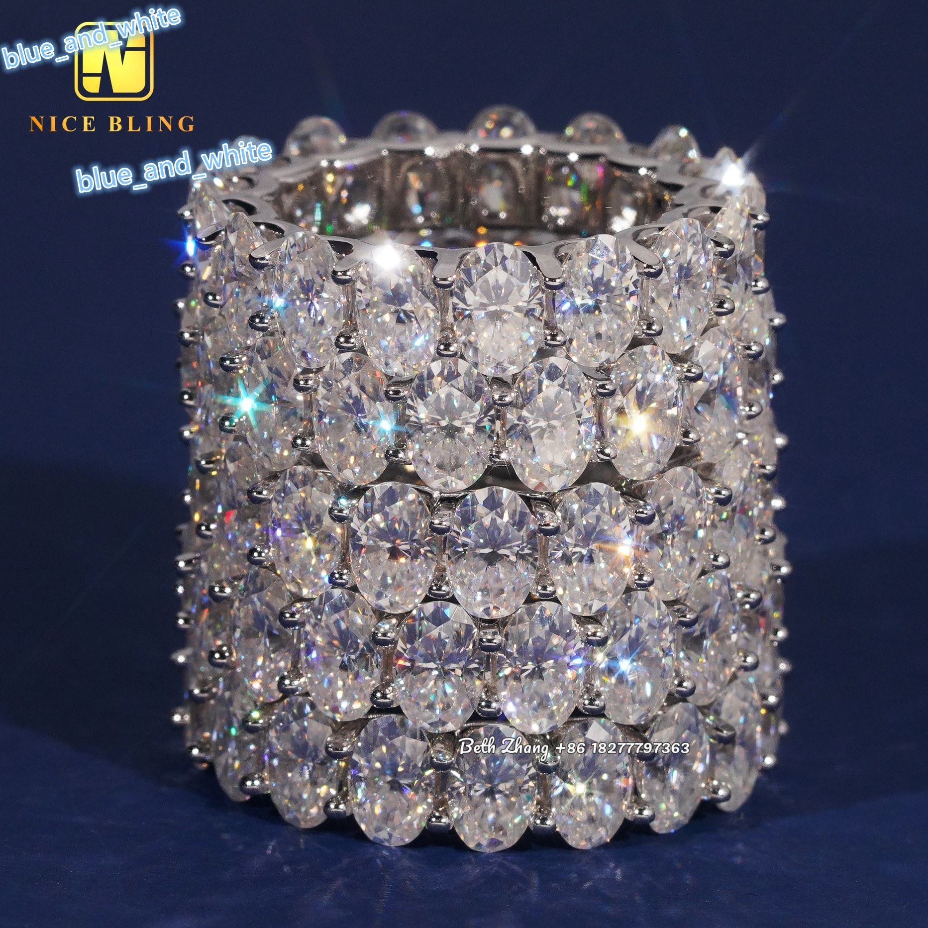 Fashion Engagement Bands 925 Silver Oval Moissanite Diamond Tennis Rings Trendy Hip Hop Wedding Ring for Men Women