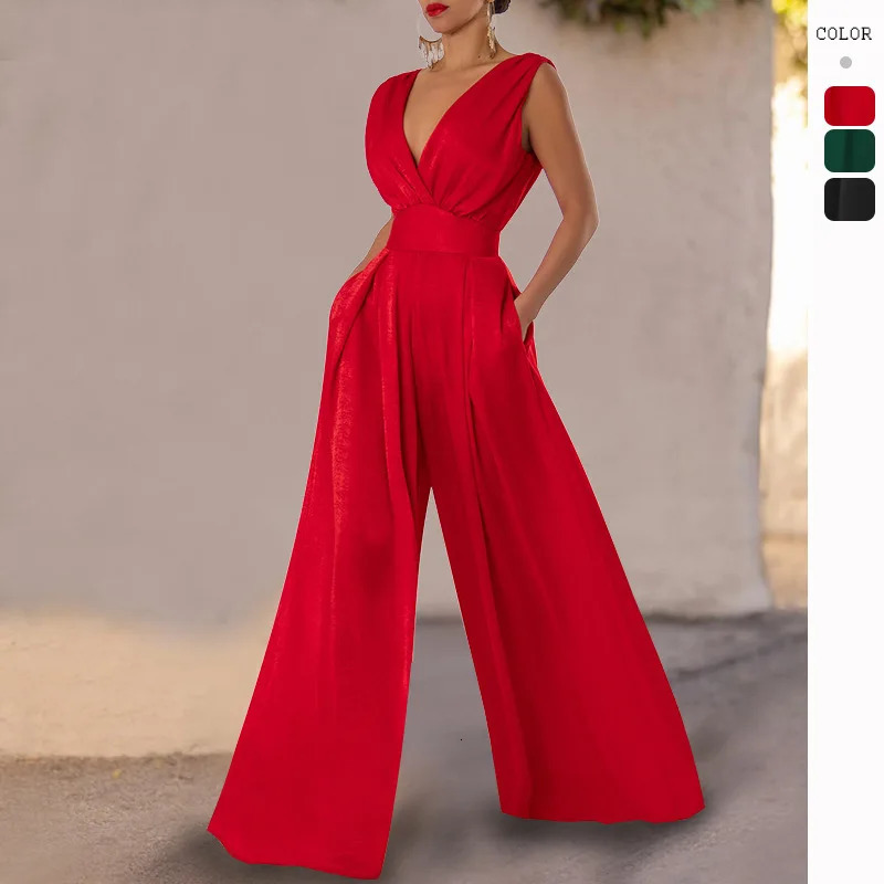 Fashion Summer Pattern Slim Jumpsuits High Waist V-Neck Sleeveless Straight Trousers Solid Color Womens Clothing 250527