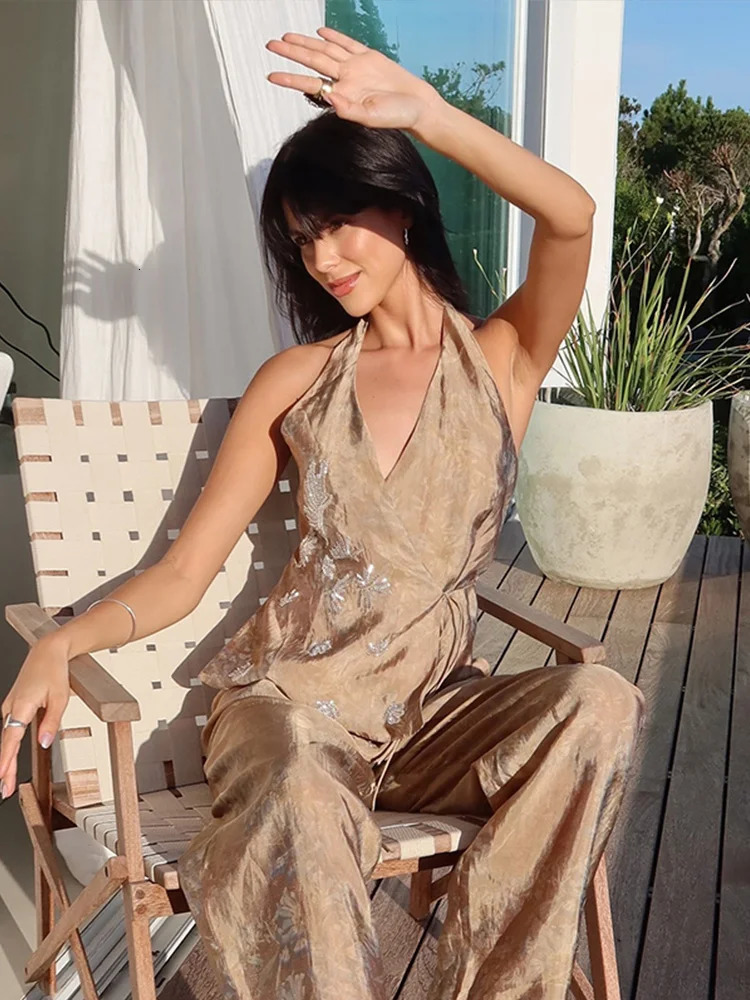 Chic Halter Bead Embroidery Long Pants Set Women Lace Up Backless Sleeveless Tank Top Wide Leg Trousers Suits2025 Female Outfits 250530