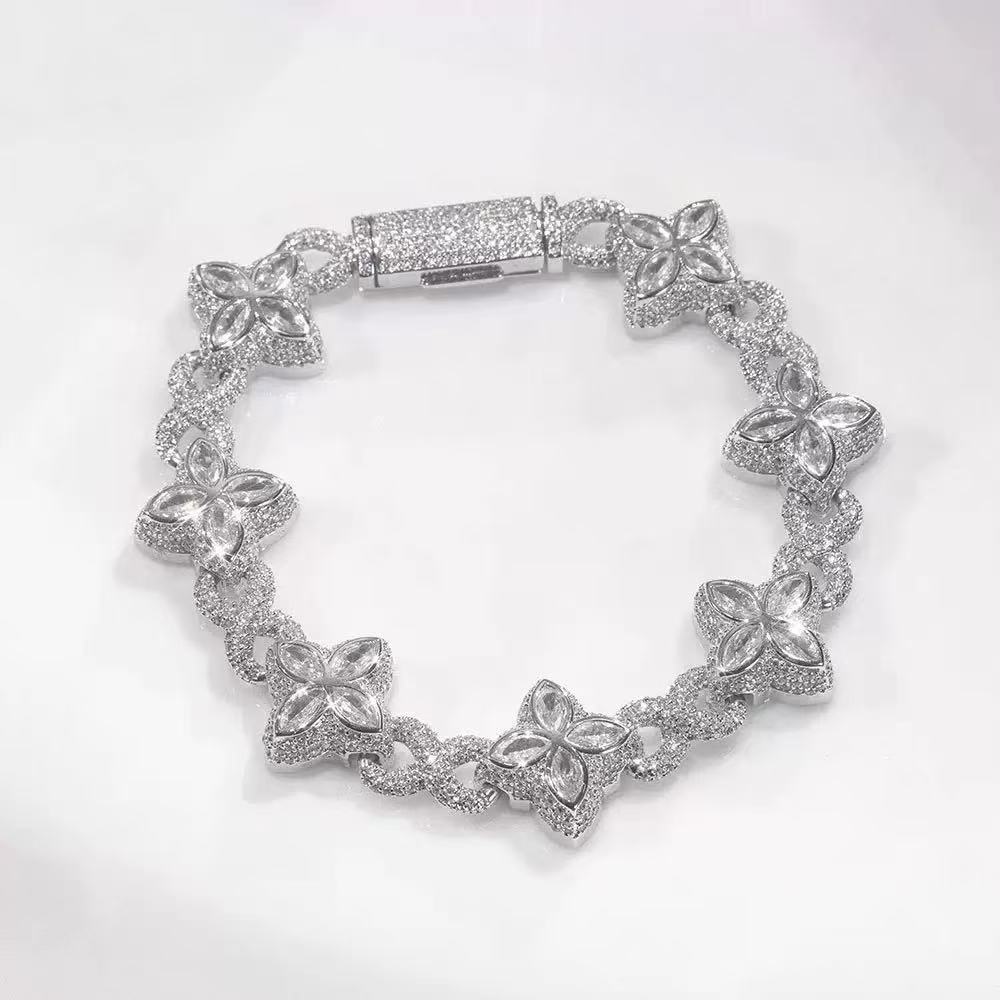 Moissanite Jewelry Clover Bracelet Green Pink Diamond S925 Silver Gold Plated Cuban Moissanite Bracelet With GRA Certificate