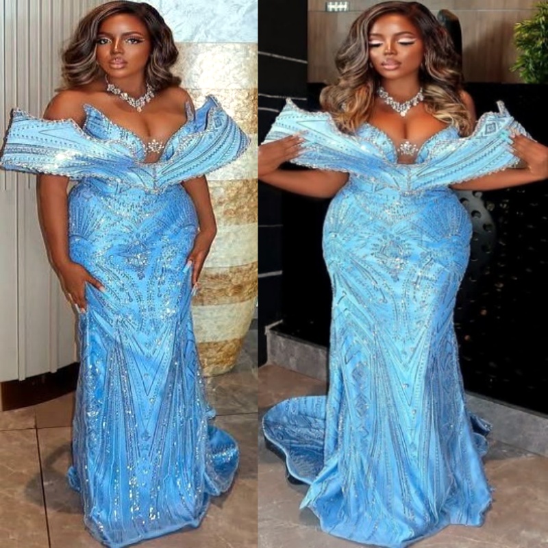 Sky Blue Mermaid Prom Dresses 2025 Crystals Stylish Sequined Sparkly Evening Formal Party Second Birthday Engagement Gowns Plus Size Dress For Special