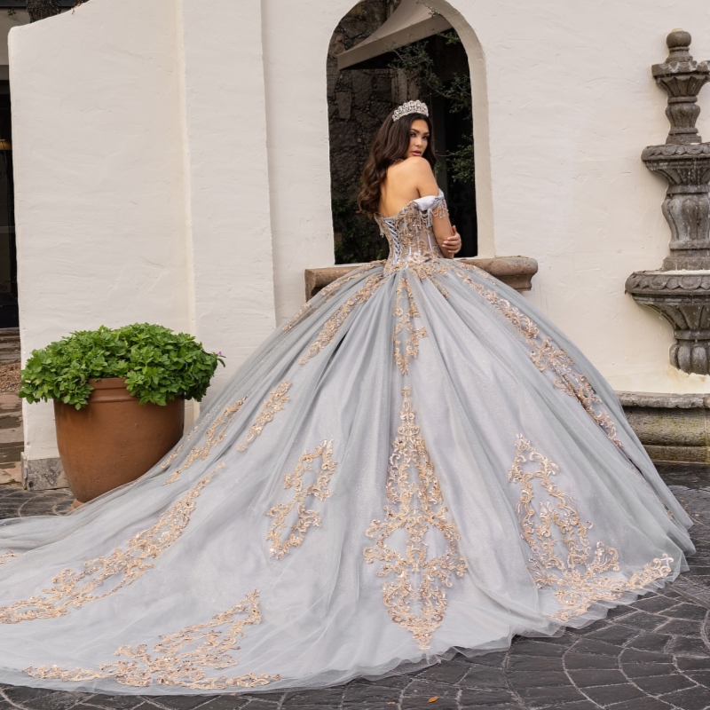 Gray Quinceanera Dresses Ball Gown Off The Shoulder Applique Lace Beading Crystal Tull Party Birthday Sweet 16 Dress Vestidos 15 Anos