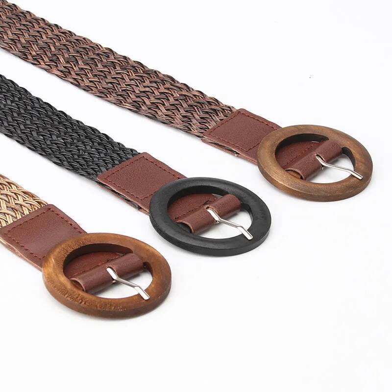Fashion Women Fake Straw Belt High Quality Wooden Buckle Belts Summer Casual Cloth Waistbelt Lady Waistband