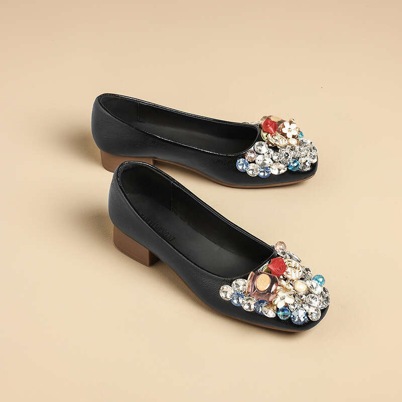 Evening Rhinestone French Style Chunky Mid Heel Single Women 2024 Trend New Spring Autumn Large Size Women's Shoes 41-43