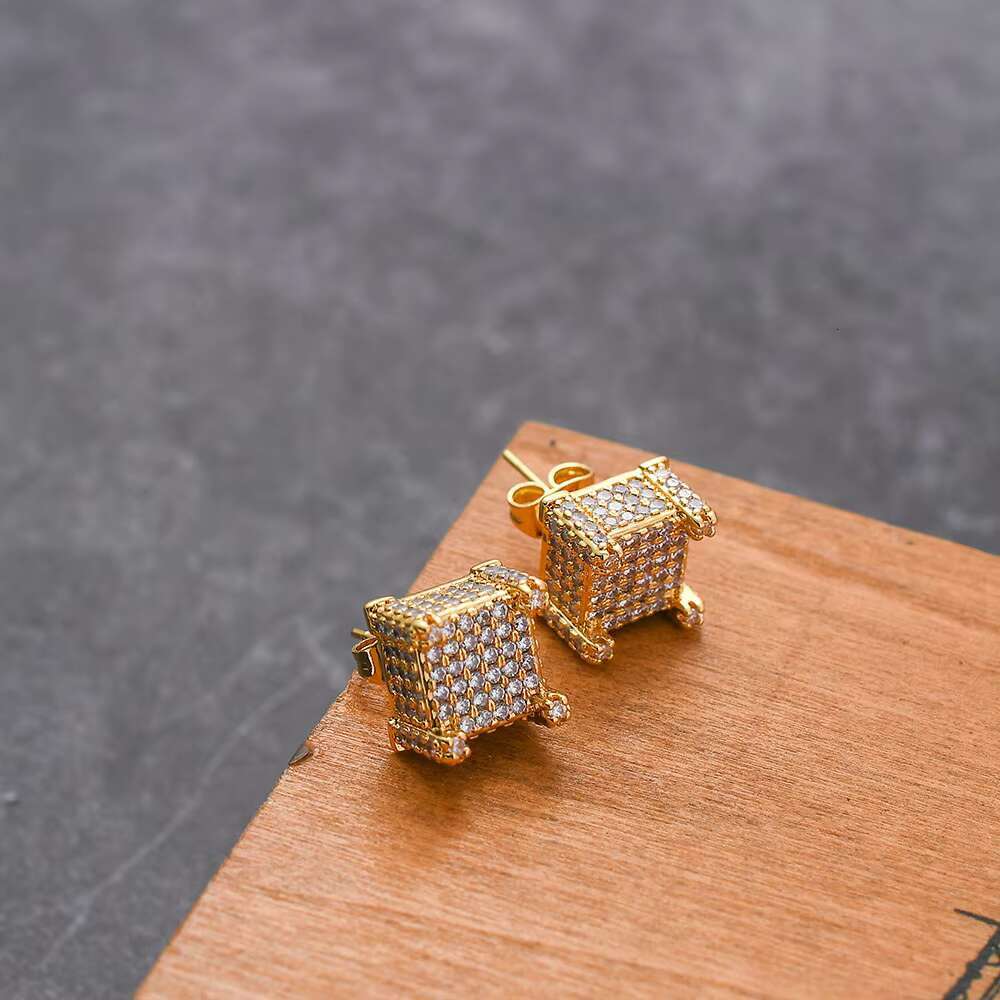 E004 Gold Plated Hip Hop CZ Stud Earrings Brass Setting Charm Style for Anniversary Occasions