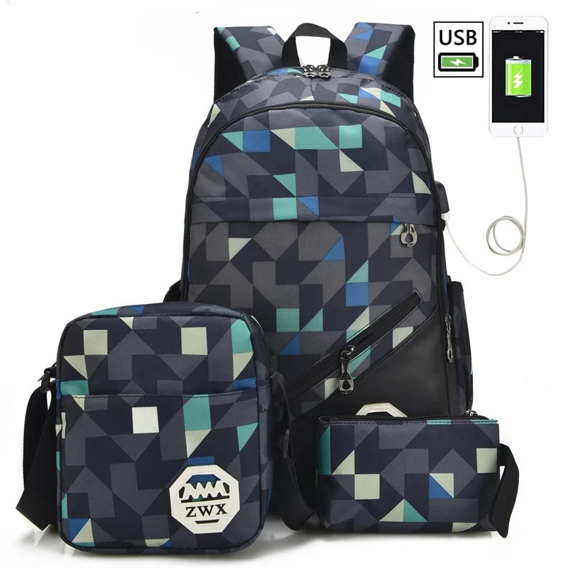 3 pcs /set USB Male backpack high school bags for women travel men school backpacks boys one student shoulder bag sac mochila 250530