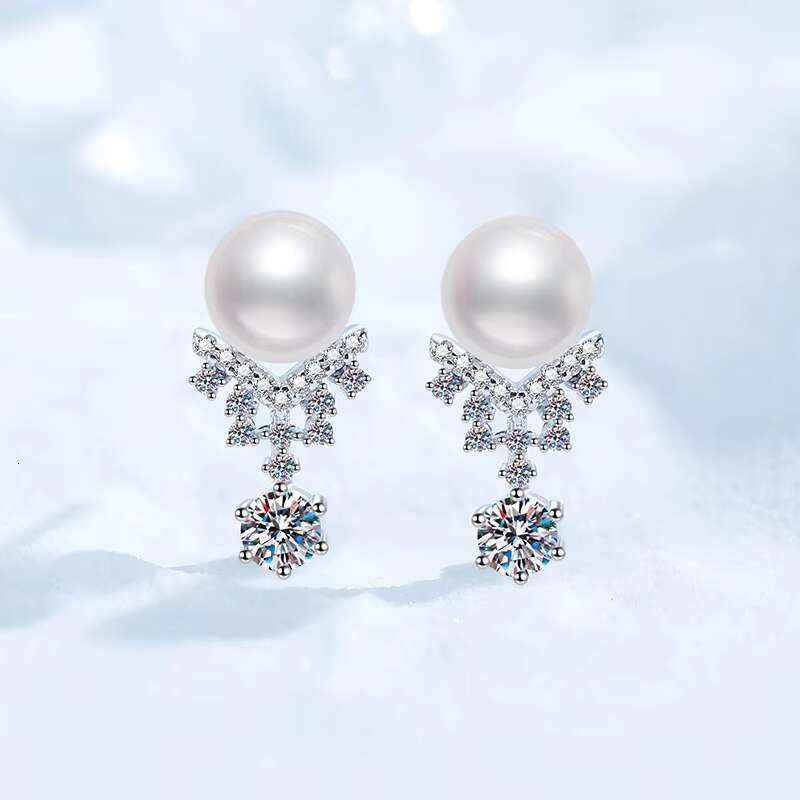 Womens Moissanite S925 Sterling Silver Freshwater Pearl Crown Design Earrings Elegant Jewelry