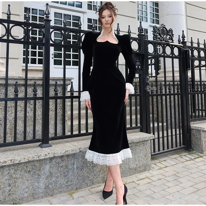 Casual Dresses Spring Vintage Square Collar Puff Sleeve Women Dress Patchwork Slim Pleated Lady Maxi Dresses 2025 Elegant Spring Vintage Female Vestid