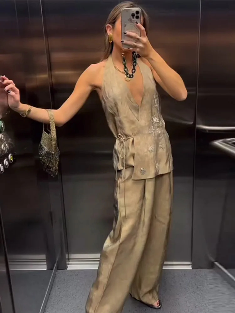 Chic Halter Bead Embroidery Long Pants Set Women Lace Up Backless Sleeveless Tank Top Wide Leg Trousers Suits2025 Female Outfits 250530