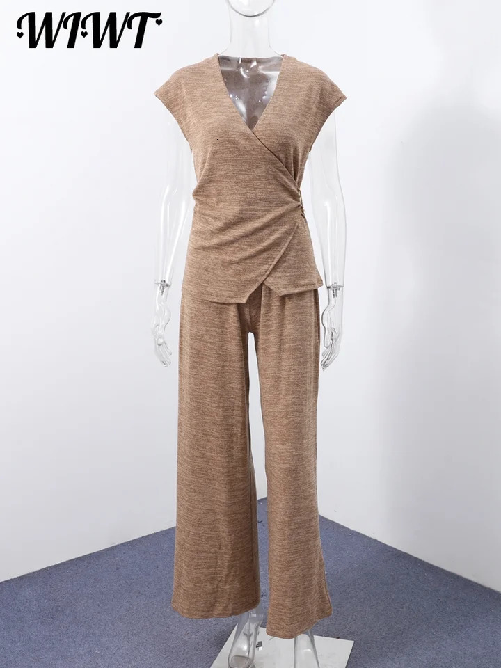 Casual Deep V Neck Top Trousers Women Slim Sleeveless Button Pleated Tops Wide Leg Long Pants 2025 Summer Office Lady Outfit 250530